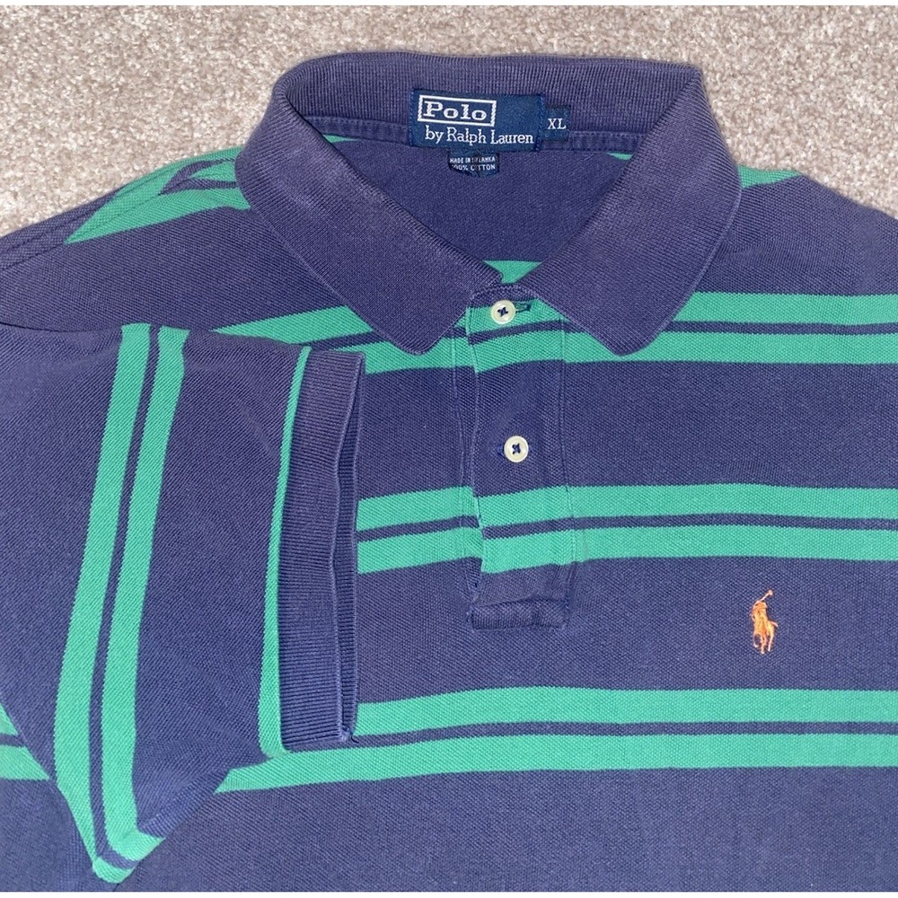 POLO Ralph Lauren Golf Men Cotton Green/Blue Striped Orange Pony Shirt XL Preppy